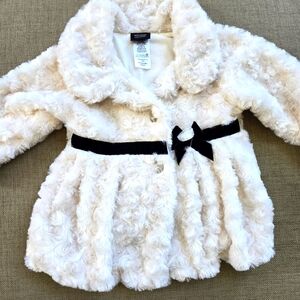 Baby Winter Coat, Fake Fur, Black Bow, Size 18 Months